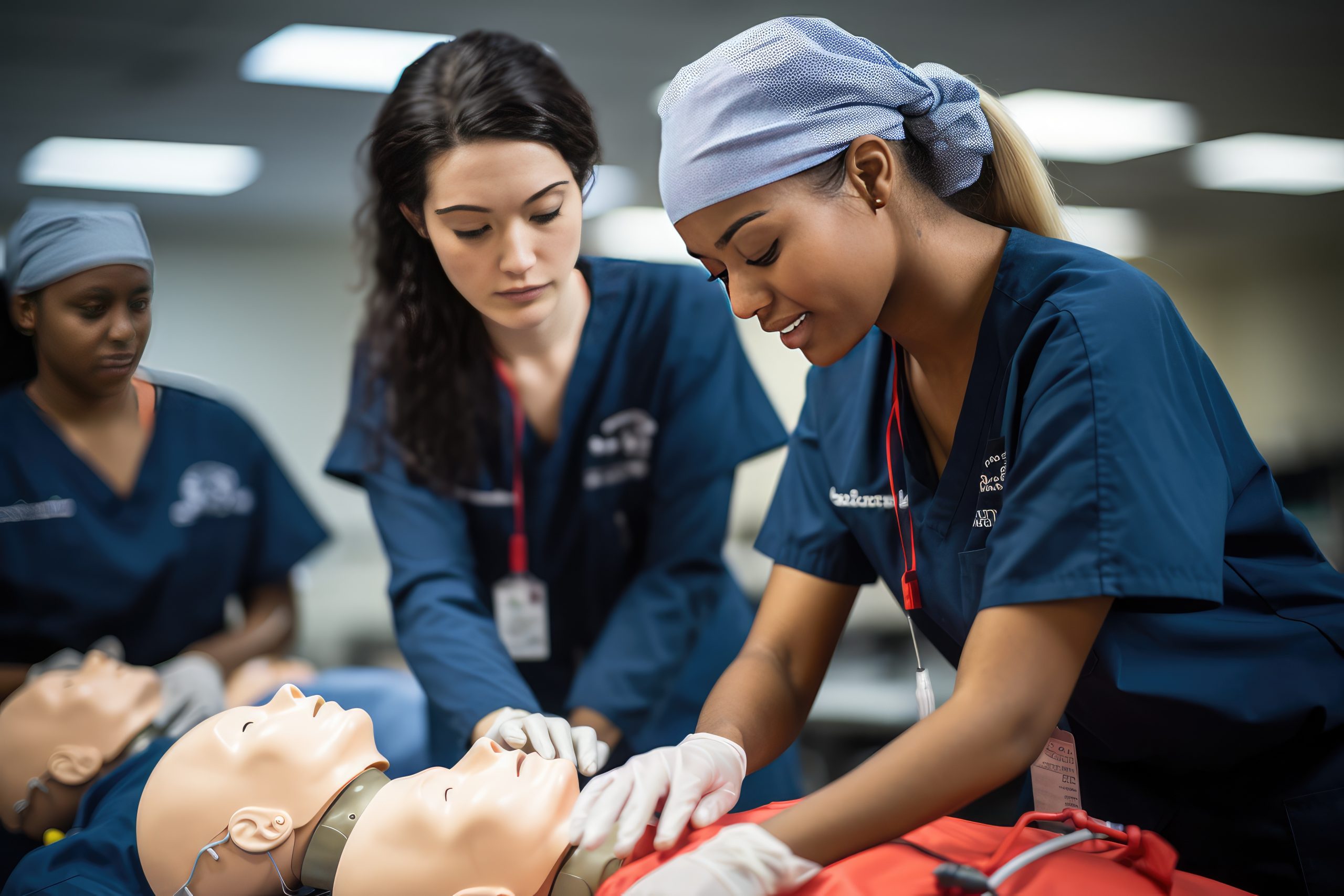 Medical students practicing CPR techniques on a mannequin in a simulation training.